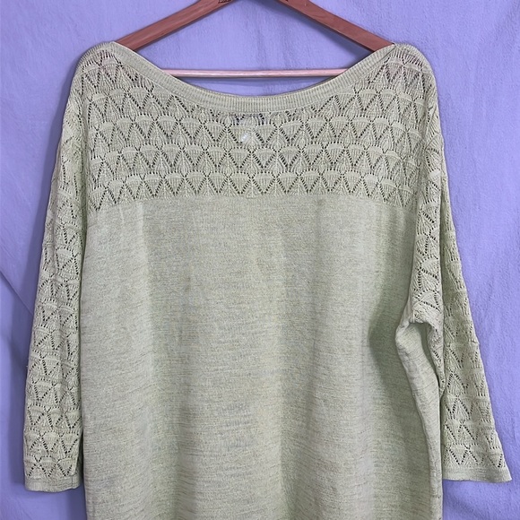 CJ Banks Chartreuse Green Open Knit Yoke and Sleeve, Tunic Sweater in 3X - Picture 6 of 14